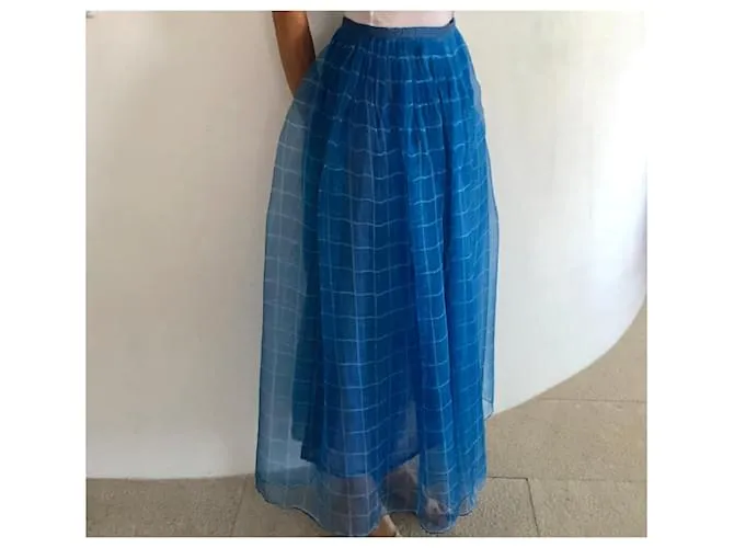 Autre Marque falda plisada en organza de seda a cuadros azul cobalto talla XS o 34 