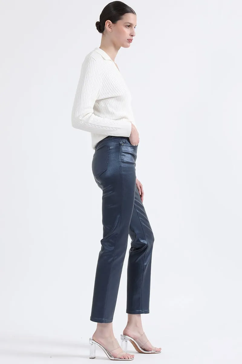 PANTALON SLIM TIRO MEDIO, METALIZADO, AZUL